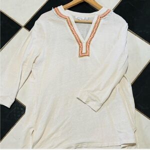 Chico's Ivory Top with Gold and Coral Embroidery